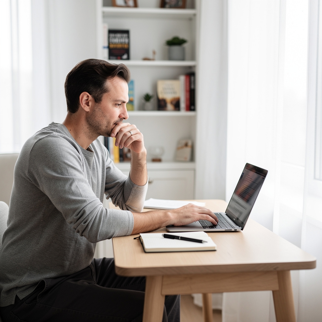 Man reviewing notes and personal development content on a laptop in a bright modern workspace