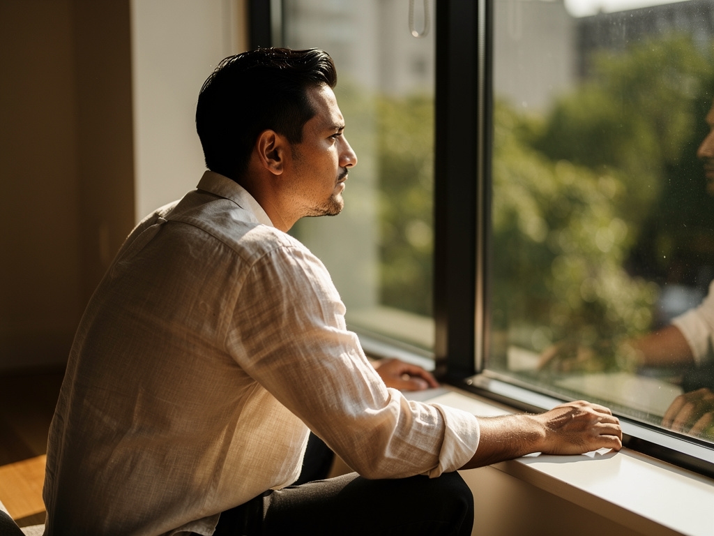 Man in thoughtful, calm self-reflection posture seated near a large window with natural light streaming in