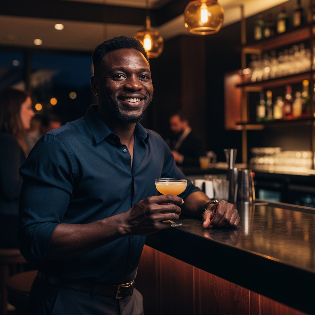 Man confidently engaging in a social setting at a modern bar, relaxed posture and warm smile
