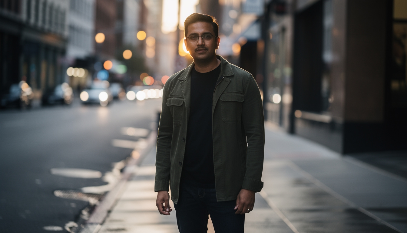Man standing confidently in an urban environment, embodying self-assured modern dating presence