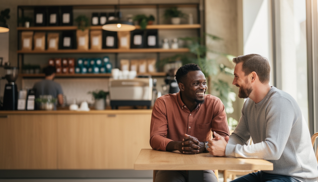Two men engaged in confident conversation in a modern urban coffee shop setting